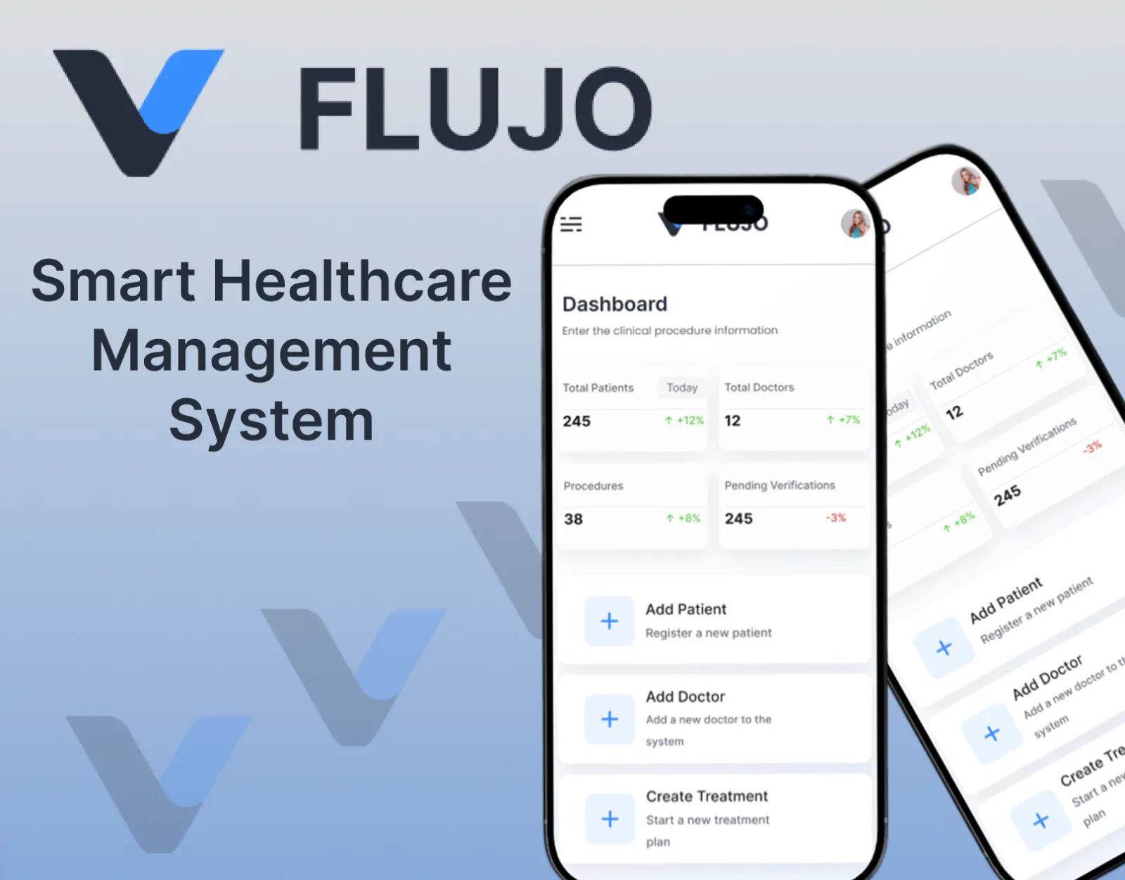 Flujo healthcare management app dashboard with patient and doctor stats