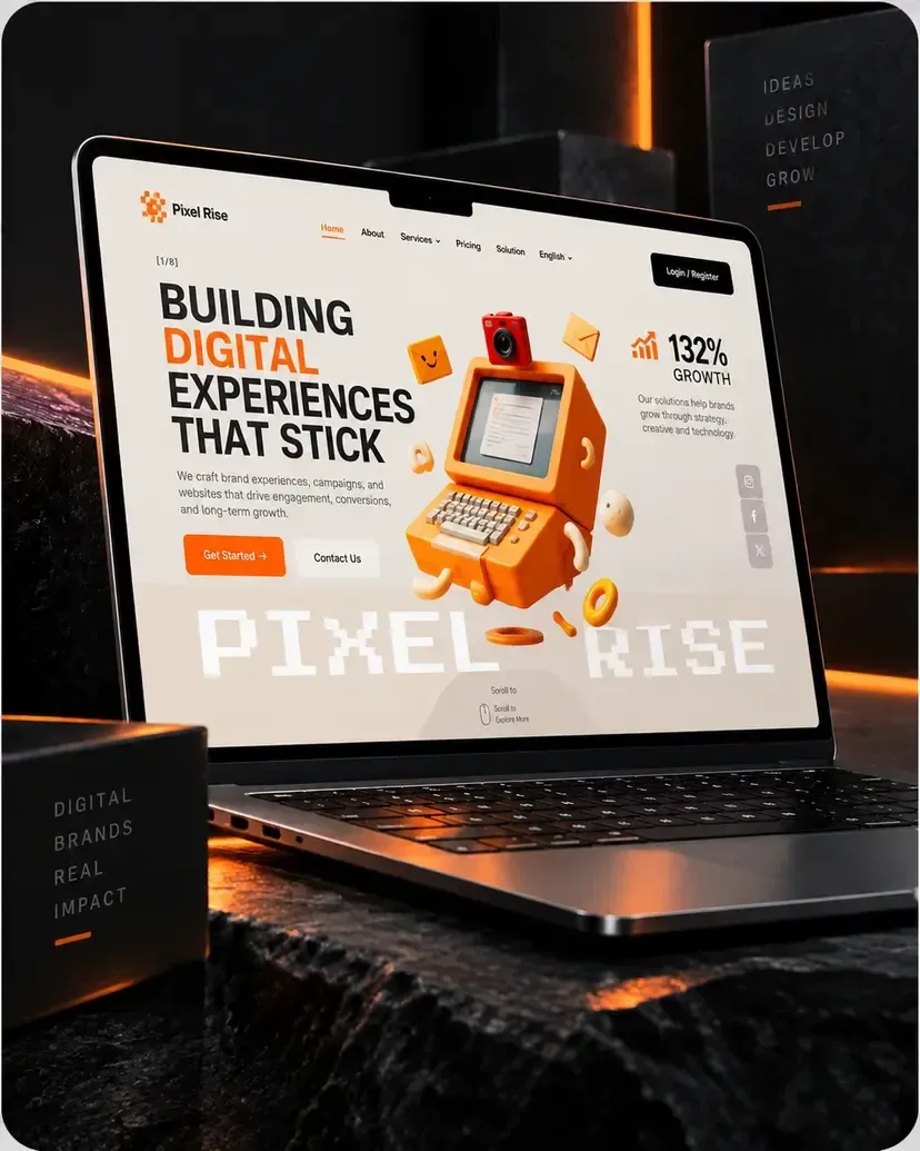 Pixel Rise agency homepage with its 3D character